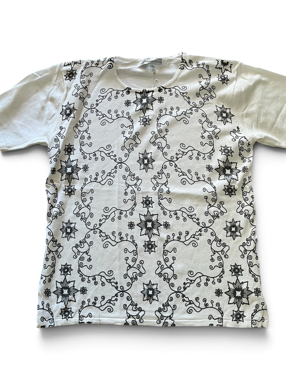 Jessica Ash White Short-Sleeve Tee with Black Floral Scroll Print